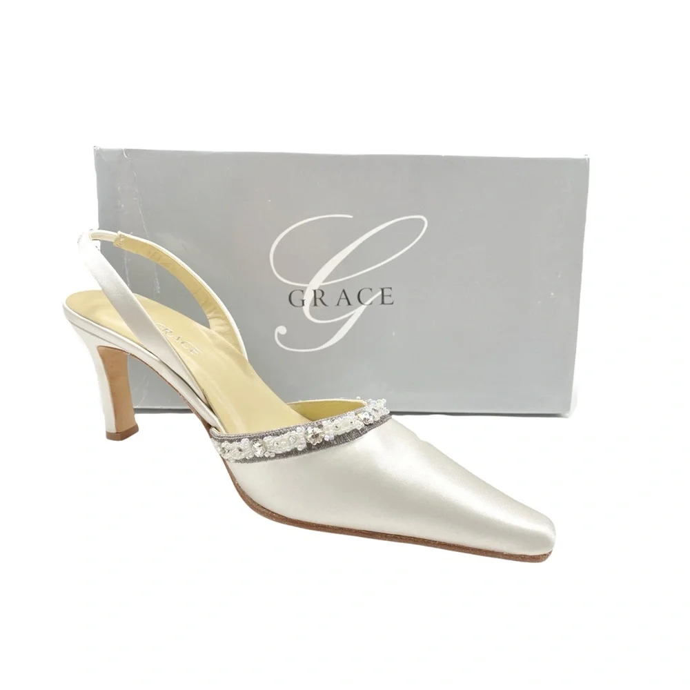 Grace Amare Beaded White Silk Slingbacks - Size 7